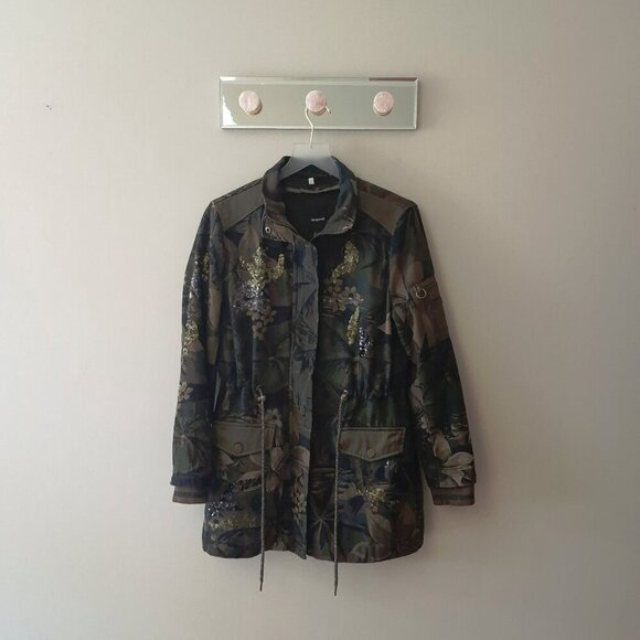 NWT Desigual cotton green & black tropical print camouflage sequined jacket, XS - Picture 13 of 16